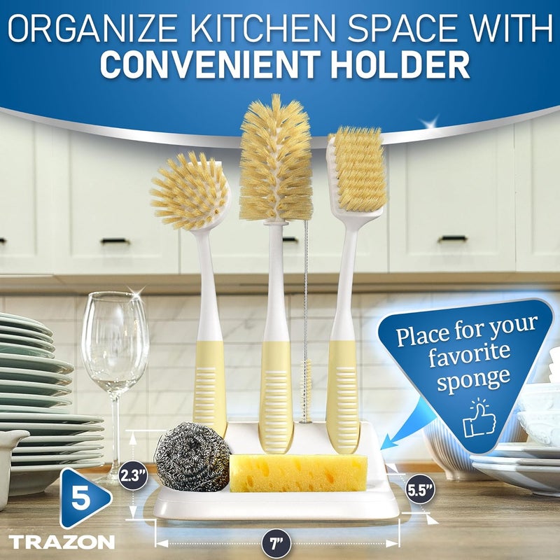 Trazon Dish Brush Set of 5 with Holder - Kitchen Scrub Brushes with Non-Slip Long Handle for Cleaning, Scrubber, Dishwashing, Dishes, Bottles, Straws, Cups, Pots & Sink, Baige - Image 5